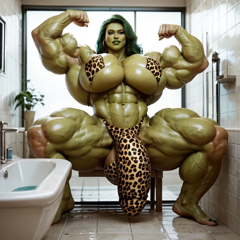 She hulk, hyper massive muscles female, massive muscles buffet, hyper gigantic muscles mass, hyper gigant muscles, hyper muscle tank, huge boobs, Leopard Print Stockings, bigger Futanari Cock bulge, bathroom