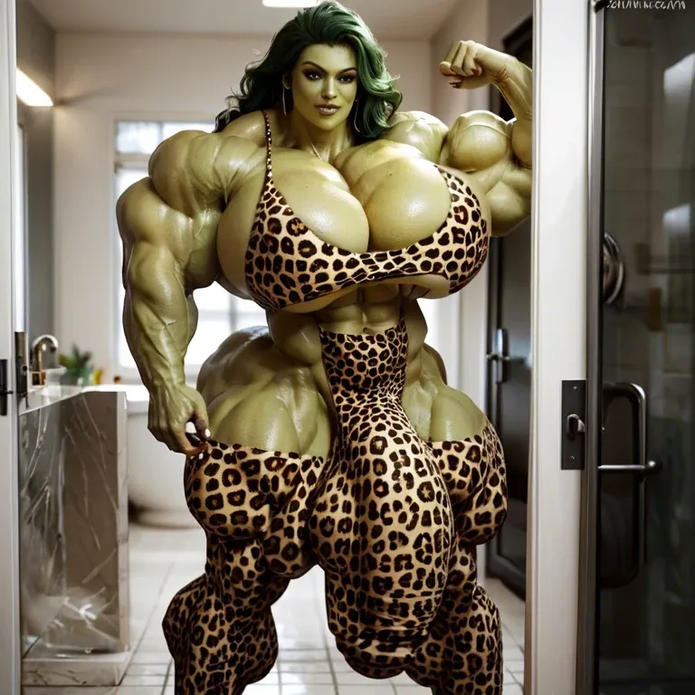 She hulk, hyper massive muscles female, massive muscles, hyper gigantic muscles, hyper gigant muscles, hyper giant muscles, hyper muscle tank,huge boobs, Leopard Print Stockings, bigger Futanari Cock bulge, bathroom