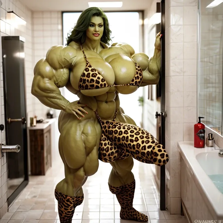 She hulk, hyper massive muscles female, massive muscles, hyper gigantic muscles, hyper gigant muscles, hyper giant muscles, hyper muscle tank,huge boobs, Leopard Print Stockings, bigger Futanari Cock bulge, bathroom