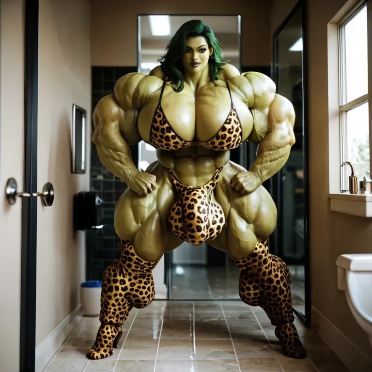 She hulk, hyper massive muscles female, massive muscles, hyper gigantic muscles, hyper gigant muscles, hyper giant muscles, hyper muscle tank,huge boobs, Leopard Print Stockings, bigger Futanari Cock bulge, bathroom