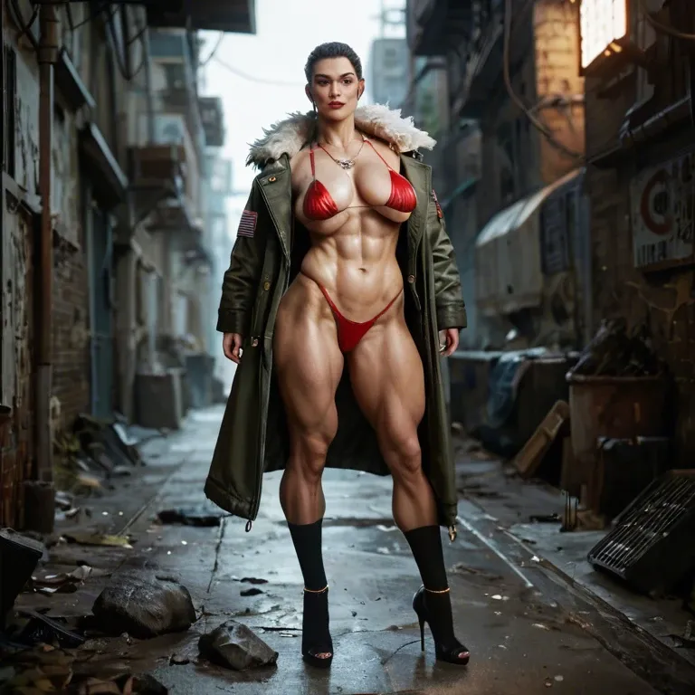 1girl,1boy, , , , spread cheeks,army,saggy breast,muscular back,anklets, open jacket,knee-high socks,fur collar,sexy red bikini,high heels, barren, dark alley, spaceship, throne, detailed cock, bright colors, mari makinami