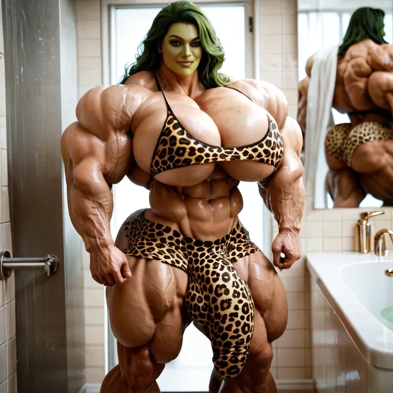 She hulk, hyper massive muscles female, massive muscles buffet, hyper gigantic muscles mass, hyper gigant muscles body, hyper muscle tank, huge boobs, Leopard Print Stockings, bigger Futanari Cock bulge, bathroom