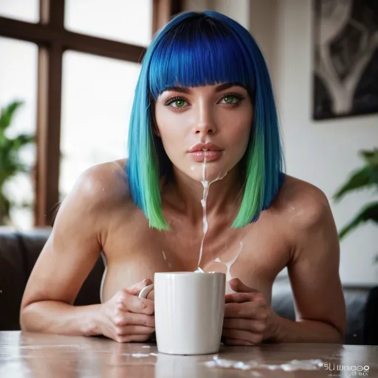 realistic, photorealistic, 5 fingers, blue coloured hair with full fringe, green eyes, 34c cup size, slim build, perky arse, covered in cum, heart shaped pubic hair, fair skin, black stockings, slut glow, full front staring at the camera