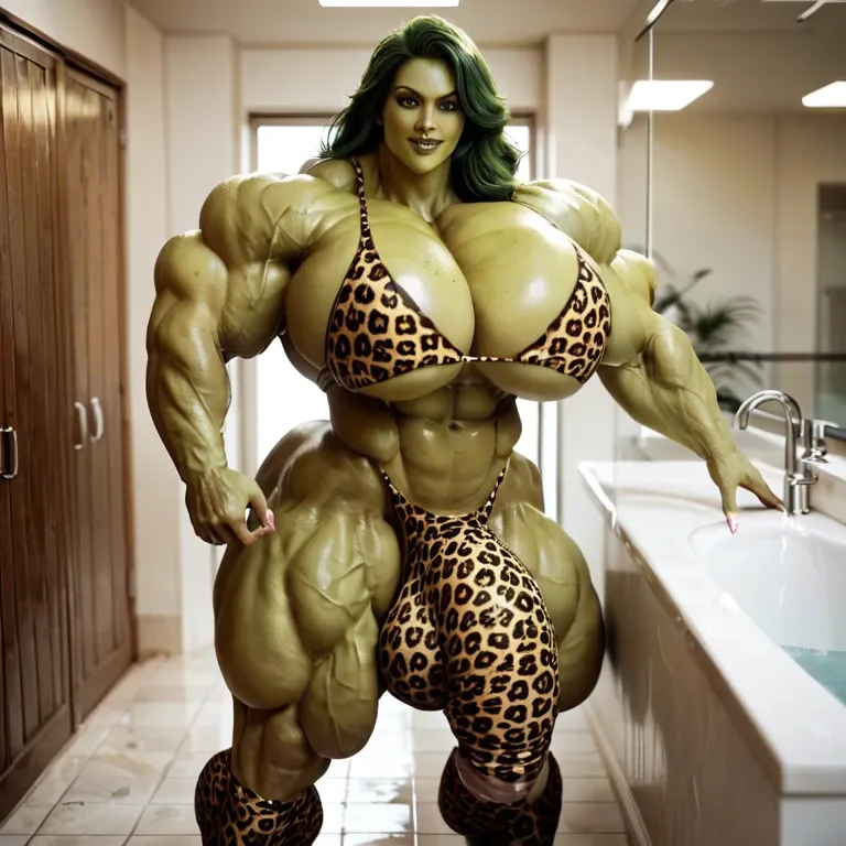 She hulk, hyper massive muscles female, massive muscles, hyper gigantic muscles, hyper gigant muscles, hyper giant muscles, hyper muscle tank,huge boobs, Leopard Print Stockings, bigger Futanari Cock bulge, bathroom