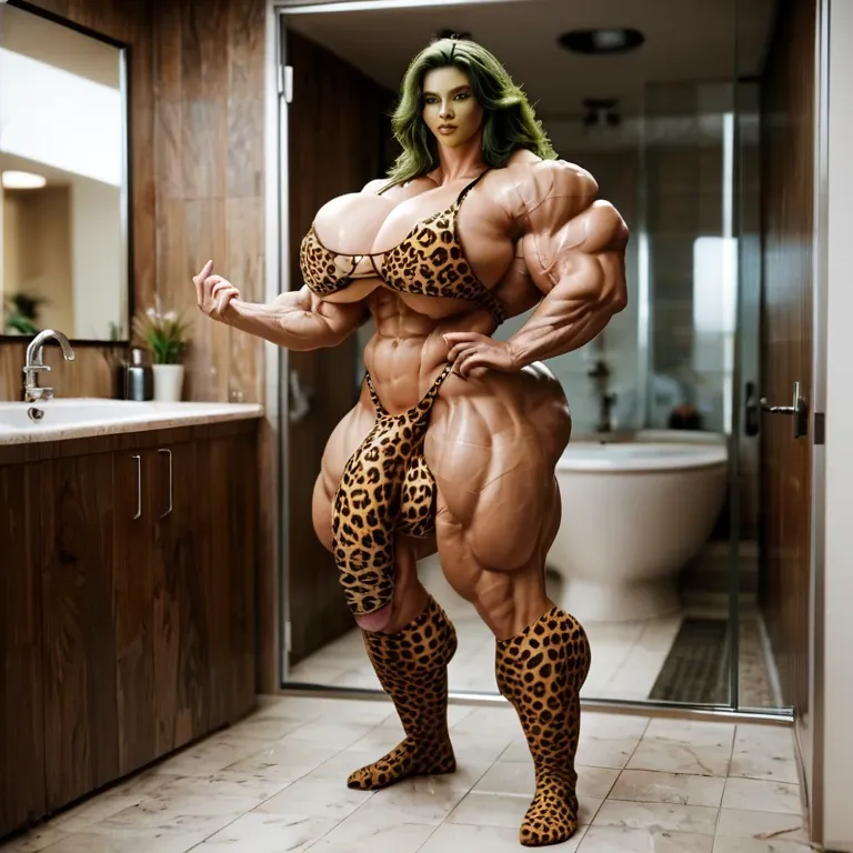 She hulk, hyper massive muscles female, massive muscles buffet, hyper gigantic muscles mass, hyper gigant muscles body, hyper muscle tank, huge boobs, Leopard Print Stockings, bigger Futanari Cock bulge, bathroom