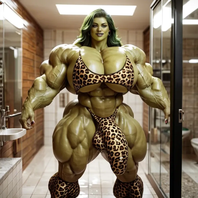 She hulk, hyper massive muscles female, massive muscles buffet, hyper gigantic muscles mass, hyper gigant muscles, hyper muscle tank, huge boobs, Leopard Print Stockings, bigger Futanari Cock bulge, bathroom