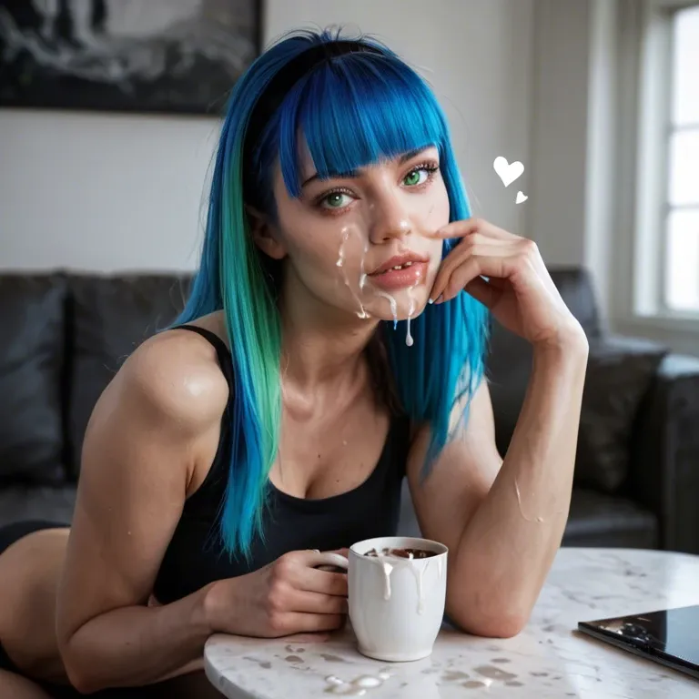 realistic, photorealistic, 5 fingers, blue coloured hair with full fringe messy, green eyes, 34c cup size, slim build, perky arse, covered in cum, heart shaped pubic hair, fair skin, black stockings, slut glow, full front nuditystaring at the camera