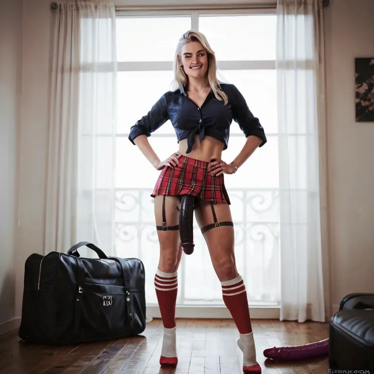 Solo Blond wearing school uniform, big dildo strap-on that almost touches the ground, hands on hips, strap-on dildo swings, biting lip (strap-on) (pink mini skirt) (knee high socks) (pig tails)