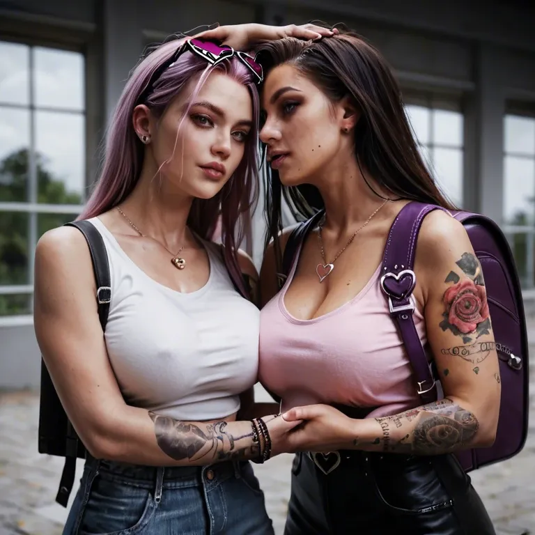 2girl, , , , pinching,feet on head,large breasts,black fabric,heart necklace, mole,tattooed arms,medium tits,purple backpack,free shoulders, pink t-shirt,baggy socks,belts,lace lingerie,black boots, showering, public park, cyberpunk, phone, source cartoon, golden hour, belle, hinata