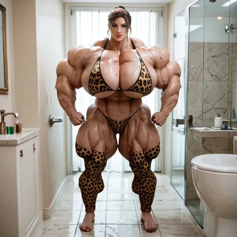 Lara Croft, hyper massive muscles female, massive muscles buff, hyper gigantic massive muscles mass, hyper gigantic muscles, pectorales, Leopard Print Stockings, bathroom