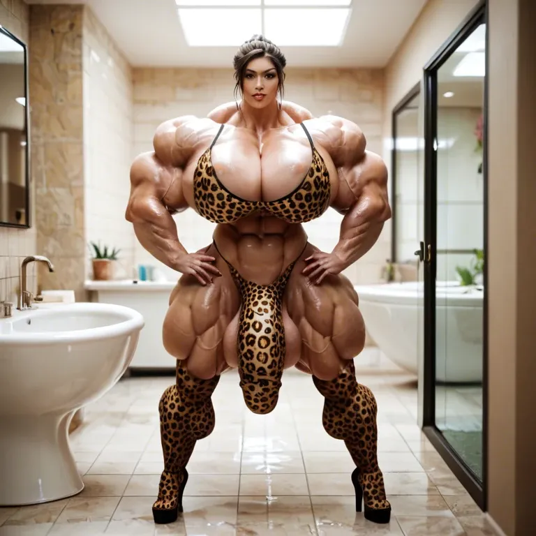 Lara Croft, hyper massive muscles female, massive muscles, hyper gigantic muscles, hyper gigant muscles, hyper giant muscles, hyper muscle tank,huge boobs, Leopard Print Stockings, bigger Futanari Cock bulge, bathroom