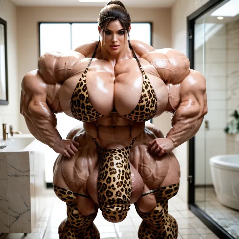 Lara Croft, hyper massive muscles female, massive muscles, hyper gigantic muscles, hyper gigant muscles, hyper giant muscles, hyper muscle tank,huge boobs, Leopard Print Stockings, bigger Futanari Cock bulge, bathroom