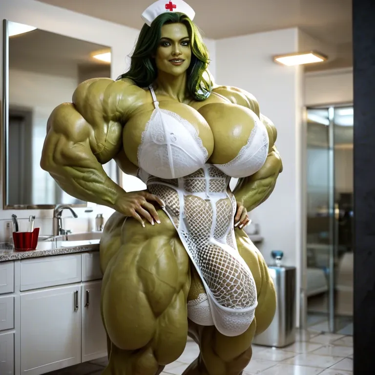 She hulk, hyper massive muscles female, massive muscles, hyper gigantic muscles, hyper gigant muscles, hyper giant muscles, hyper muscle tank,huge boobs, lingerie sexy nurse, bigger Futanari Cock bulge, bathroom