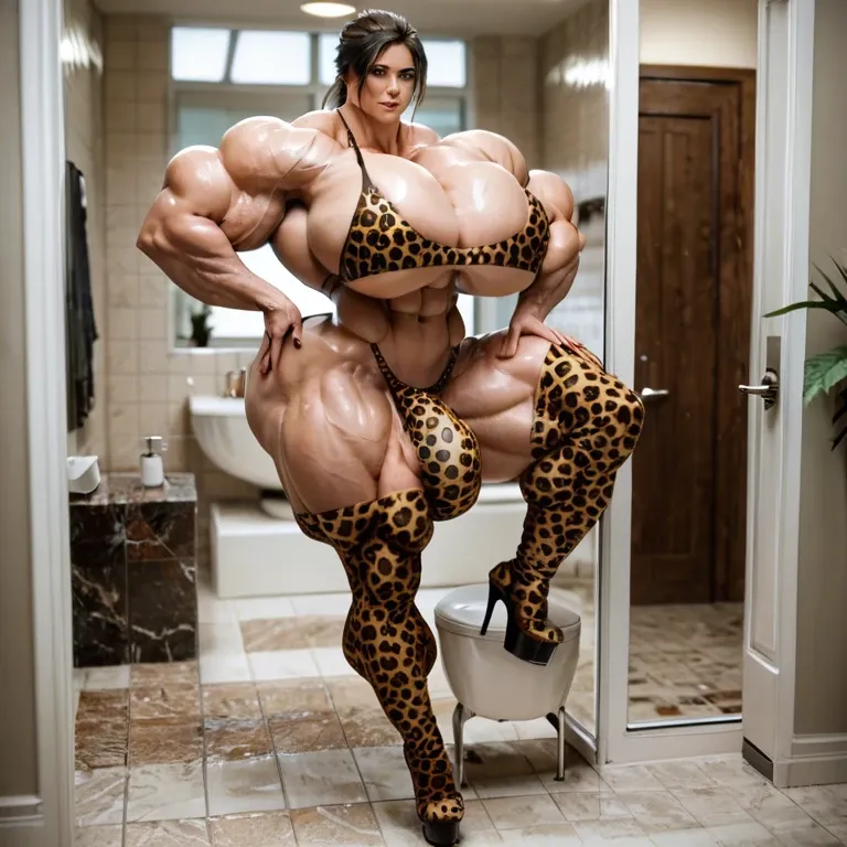 Lara Croft, hyper massive muscles female, massive muscles, hyper gigantic muscles, hyper gigant muscles, hyper giant muscles, hyper muscle tank,huge boobs, Leopard Print Stockings, bigger Futanari Cock bulge, bathroom