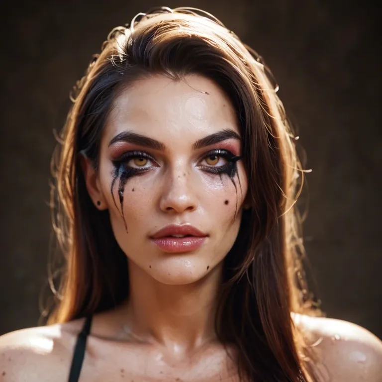 a sexy woman with thin eyebrows and extreme makeup