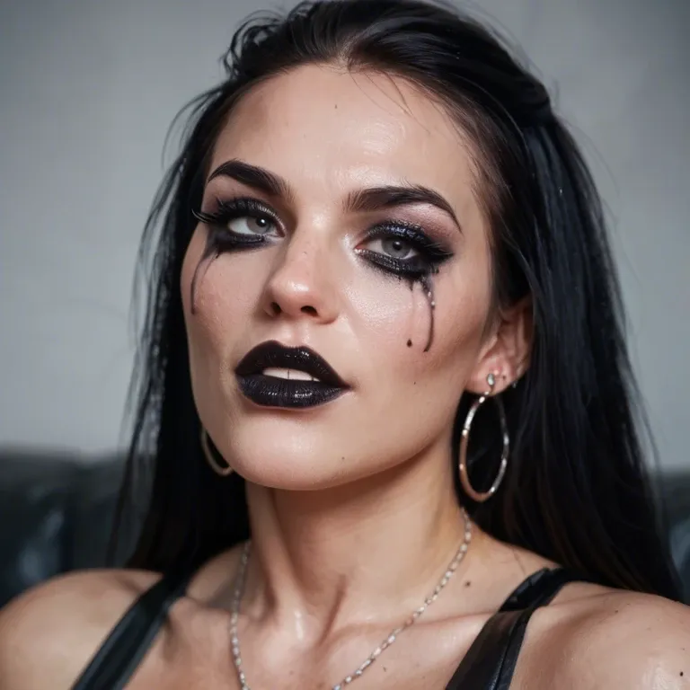 a sexy goth woman with thin eyebrows and extreme makeup