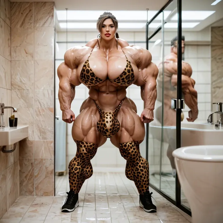 Lara Croft, hyper massive muscles female, massive muscles buffet, hyper gigantic muscles mass, hyper gigant muscles body, hyper muscle tank, pectorales, pecs, Leopard Print Stockings, bigger Futanari Cock bulge, bathroom