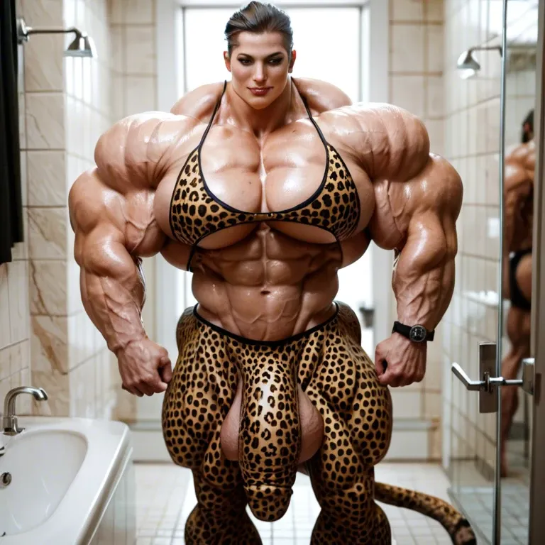 Lara Croft, hyper massive muscles female, massive muscles buffet, hyper gigantic muscles mass, hyper gigant muscles body, hyper muscle tank, pectorales, pecs, Leopard Print Stockings, bigger Futanari Cock bulge, bathroom