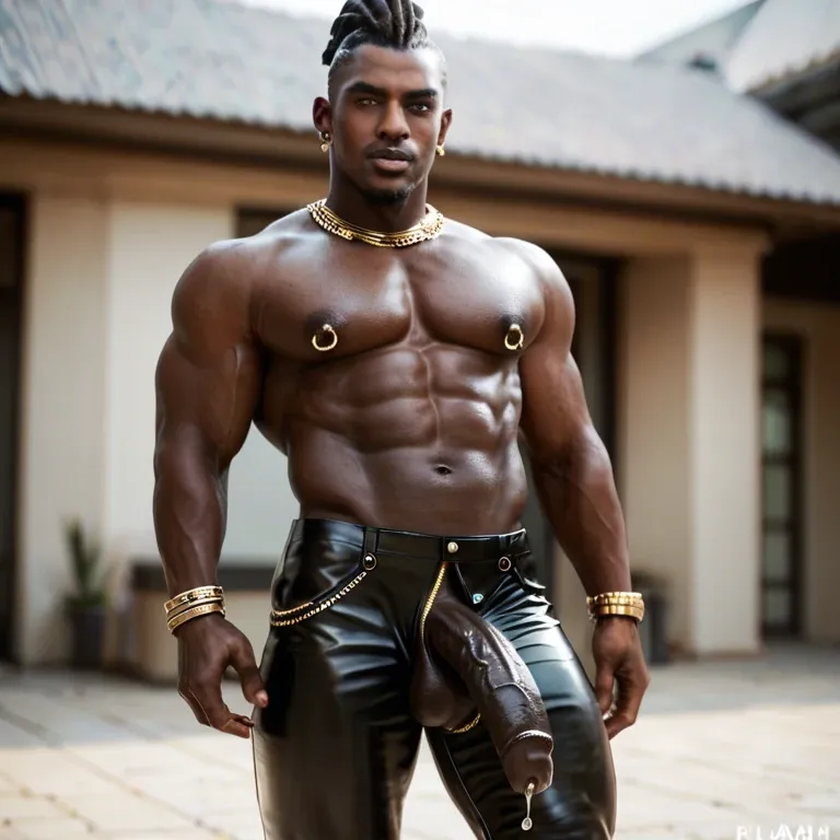 African boy, big uncut black cock, precum, very dark black skin, gold nipple ring, white shemagh, leopard pelt clothing, leather pants,  gold prince albert penis piercing, solo male, dreadlock undercut hairstyle, solo,