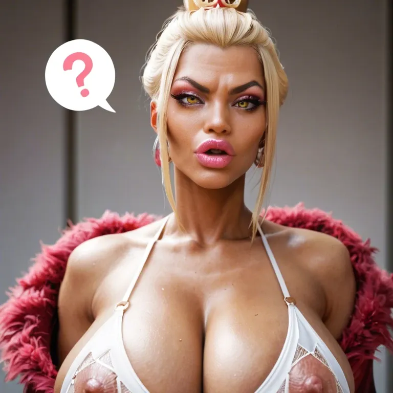 solo female, pink question marks, (blonde hair), dark skin, kuro gyaru, light nipples, princess azula, yellow eyes, hyper lips, massive lips, long face, sagging breasts, pink peach lipstick, thick pink eyeshadow, hyper nipples, freckles, pubic hair, ancient Chinese bedroom