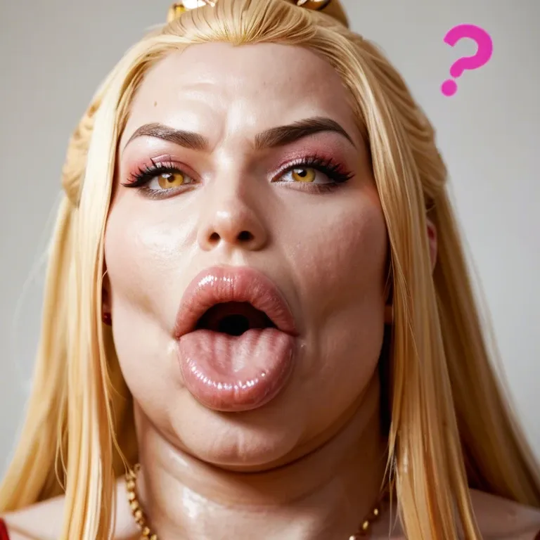 solo female, pink question marks, (blonde hair), kuro gyaru, princess azula, yellow eyes, hyper lips, massive lips, long face, wide mouth, tongue out, sagging breasts, obese, overweight, weight gain, fat legs, fat arms, pink peach lipstick, thick pink eyeshadow, dark nipples, dark skin female, freckles, pubic hair, ancient Chinese bedroom