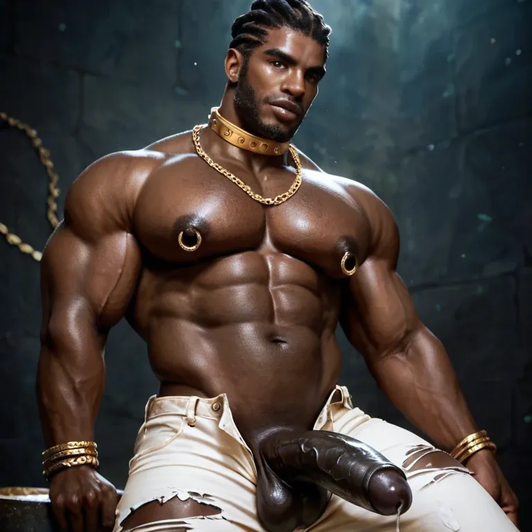 Black male, african, big black cock, golden jewelry, nipple rings, large pecs, solo male, uncut black cock, dripping precum, golden collar, golden chain,  ripped white pants, very dark skin, bowl dread, desert tent interior, clothed, cock revealed, precumming,  slim body, twink,