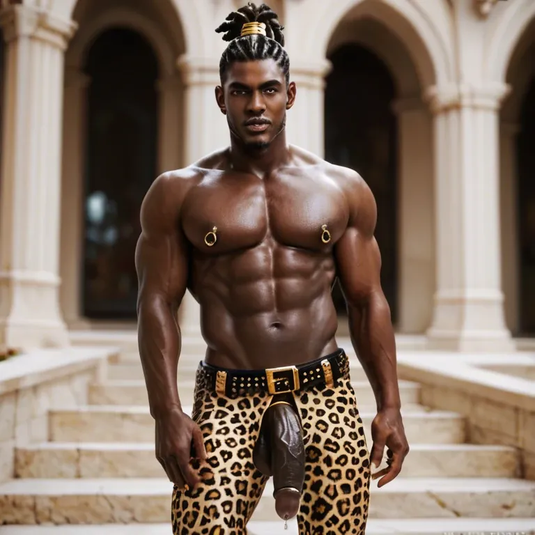 African boy, big uncut black cock, precum, very dark black skin, gold nipple ring, white shemagh, leopard pelt clothing, leopard print pants with belt ,  gold prince albert penis piercing, solo male, dreadlock undercut hairstyle, solo,