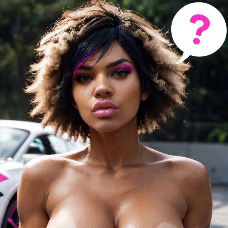 naked, pink question marks, (blonde hair), afro, dark brown skin, race change, African gogo tomago, wide nose, big brown eyes, hyper lips, thick pink eyeshadow, pink lipstick