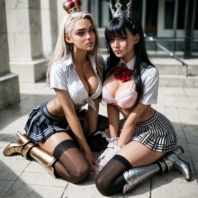 2girl, , , , nose blush,on her knees,whore cleavage,from waist up,dark-skinned, pull shirt,striped skirt,frilled gloves,mini skirt bra,armored boots, school uniform,stockings,crown,black bodysuit,armored boots, shirt torn off,baggy socks,elbow gloves,green bodysuit,sneakers, office, city, medieval tavern, armchair, linked collars, ayanami rei