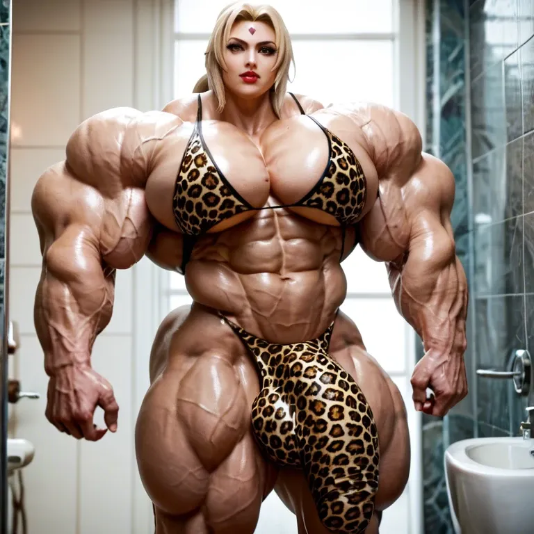 Tsunade, hyper massive muscles female, massive muscles buffet, hyper gigantic muscles mass, hyper gigant muscles body, hyper muscle tank, pectorales, pecs, Leopard Print Stockings, bigger Futanari Cock bulge, bathroom