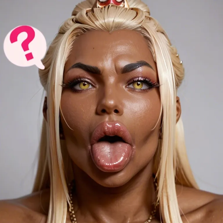 solo female, pink question marks, (blonde hair), dark skin, kuro gyaru, princess azula, yellow eyes, hyper lips, massive lips, long face, wide mouth, tongue out, sagging breasts, obese, overweight, weight gain, fat legs, fat arms, pink peach lipstick, thick pink eyeshadow, dark nipples, freckles, pubic hair, ancient Chinese bedroom