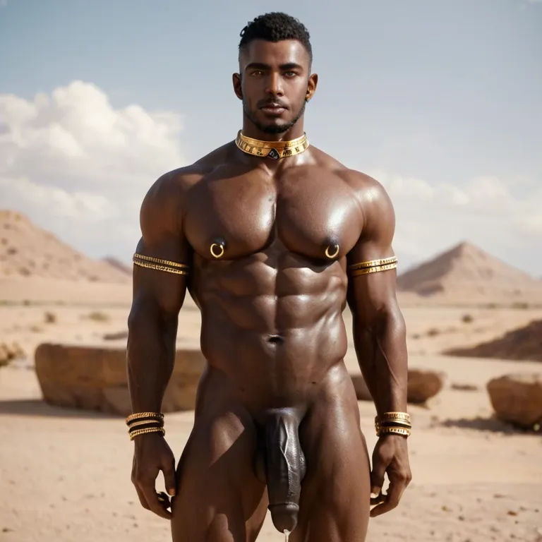 Black male, african, big black cock, golden jewelry, desert, nipple rings, large pecs, solo male, uncut black cock, dripping precum, golden collar, golden chain, not muscular, slim body,  egyptian outfit, very dark skin, dreadhead, desert tent interior, nomad,