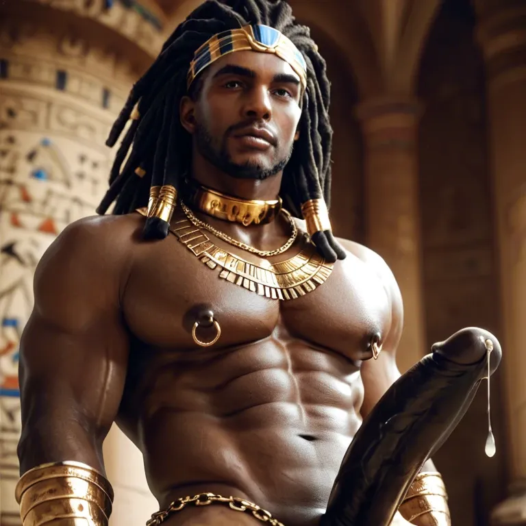 Black male, african, big black cock, golden jewelry, nipple rings, large pecs, solo male, uncut black cock, dripping precum, golden collar, golden chain,  egyptian outfit, very dark skin, dreadhead, desert tent interior, clothed, cock revealed, precumming,