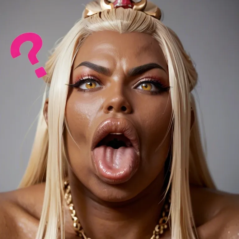 solo female, pink question marks, (blonde hair), dark skin, kuro gyaru, princess azula, yellow eyes, hyper lips, massive lips, long face, wide mouth, tongue out, sagging breasts, obese, overweight, weight gain, fat legs, fat arms, pink peach lipstick, thick pink eyeshadow, dark nipples, freckles, pubic hair, ancient Chinese bedroom