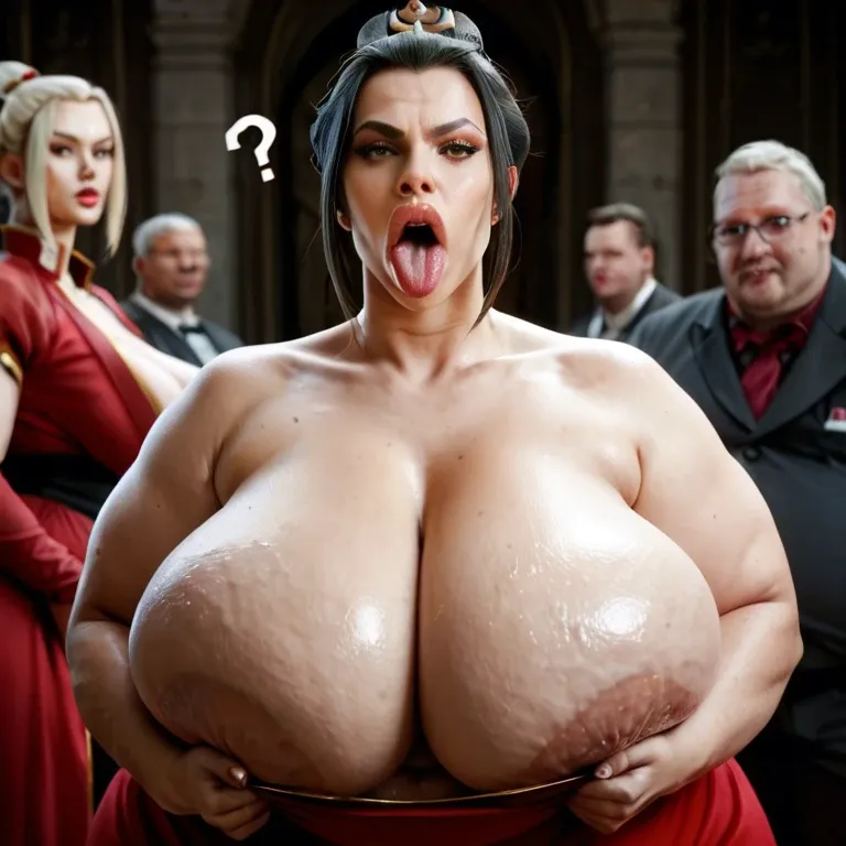 pink question marks, (blonde hair), princess azula, yellow eyes, hyper lips, massive lips, long face, wide mouth, tongue out, sagging breasts, obese, overweight, weight gain, fat legs, fat arms, hyper ass, pink peach lipstick, thick pink eyeshadow, dark nipples, dark skin female, freckles, pubic hair, ancient Chinese bedroom