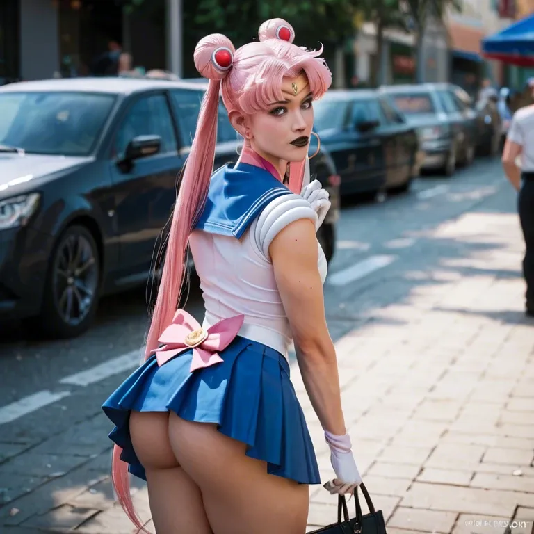 Sailor moon,pink hair,femboy,clothing,public,blue skirt,big ass,black lips