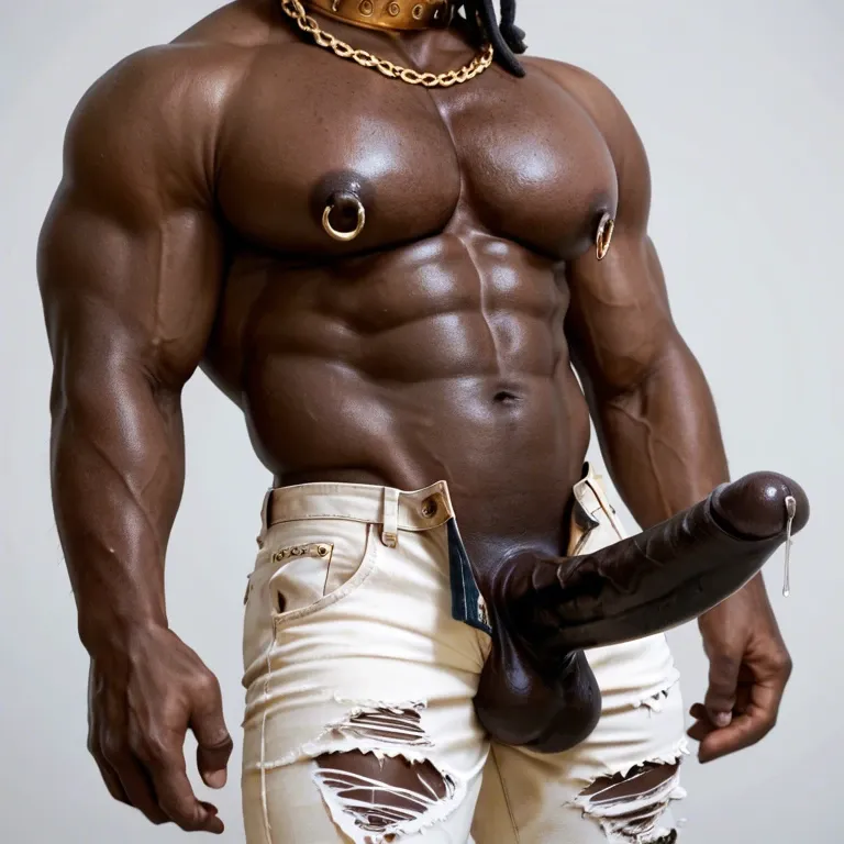 Black male, african, big black cock, golden jewelry, nipple rings, large pecs, solo male, uncut black cock, dripping precum, golden collar, golden chain,  ripped white pants, very dark skin, bowl dread, desert tent interior, clothed, cock revealed, precumming,  slim body, twink, thick foreskin heavy balls through ripped jeans, fully clothed,