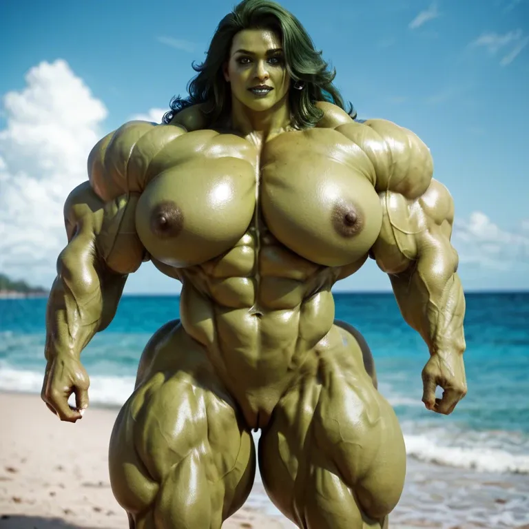 She hulk, hyper massive muscles female, massive muscles buff, hyper gigantic massive muscles mass, mega mass muscles, nude pectorales, pecs femme, beach