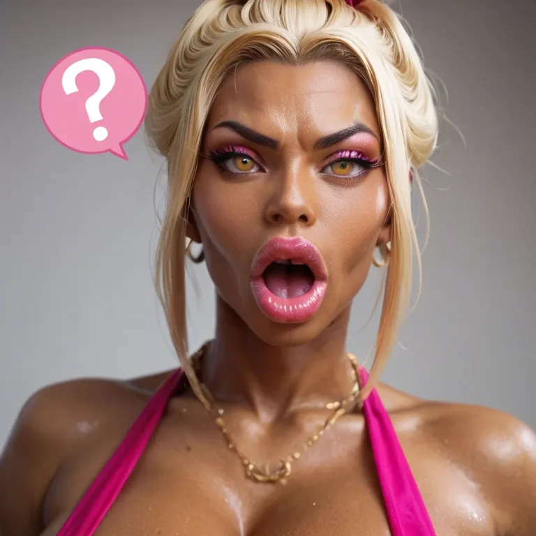 solo female, pink question marks, (blonde hair), dark skin, kuro gyaru, princess azula, yellow eyes, hyper lips, massive lips, long face, wide mouth, sagging breasts, pink peach lipstick, thick pink eyeshadow, light nipples, long nipples, freckles, pubic hair, ancient Chinese bedroom