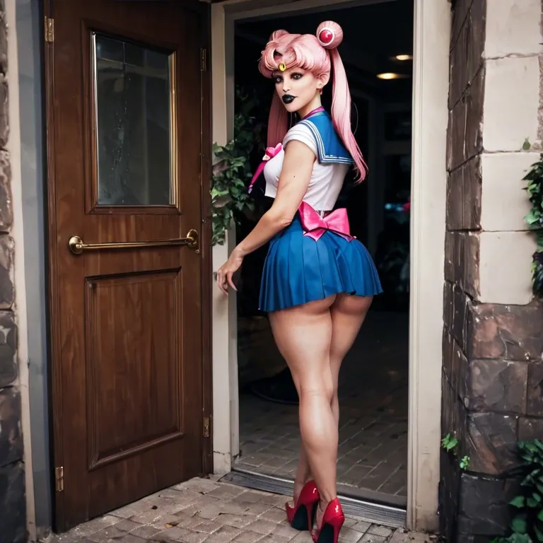 Sailor moon,pink hair,femboy,clothing,public,blue skirt,big ass,black lips,door