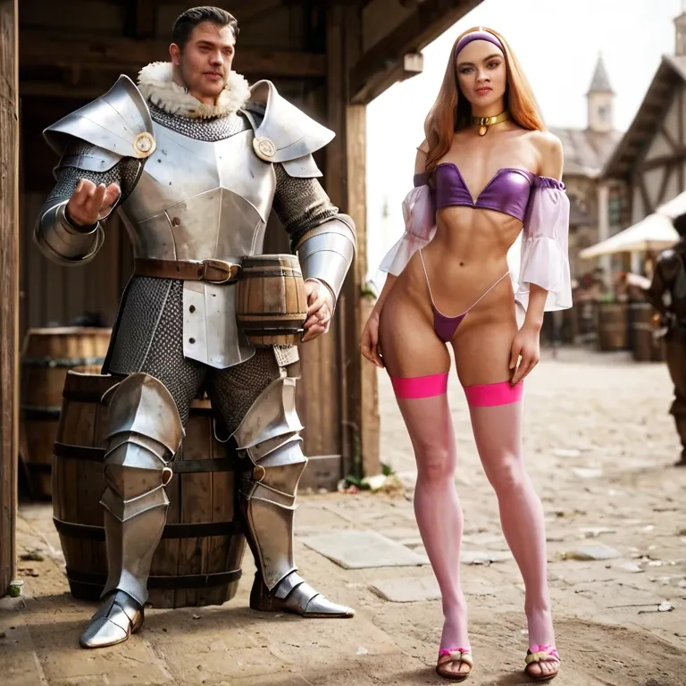 1girl,1boy, , , , pink lipstick,armored,flat chest,bent at waist,bare shoulder, white shirt,pink stockings,fur collar,micro thong,sandals, barrel, daphne blake, medieval prison, gold collar, princess zelda, rapunzel waifu