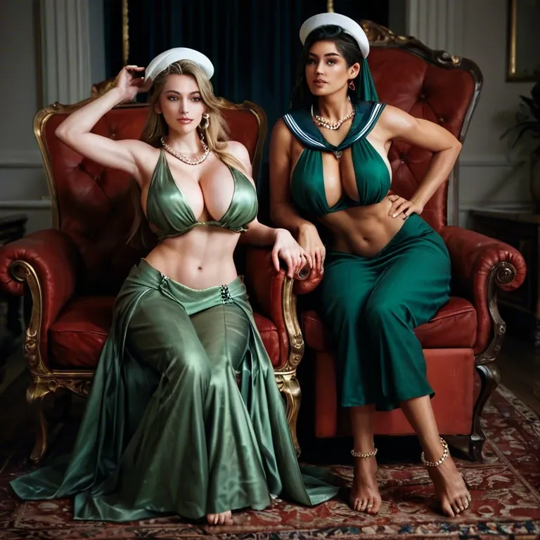 2girl, , , , beautiful mouth,armchair,round breasts,belly dancer,perfect skin, bubble in nose,armpits,round breasts,grabbing hips,pearl necklace, dark green gown,anklets,sailor hat,no bra,ballet shoes, bedroom eyes, park, tavern, equine dildo, realistic fur, bright, nami