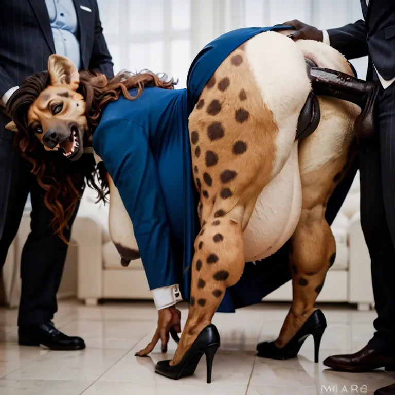 kamala harris as furry hyena, wavy long bown hair, huge sagging boobs, huge uncovered nipples, thick fat pussy, blue long sleeve tuxedo dress, skirt, super pregnant , anal sex, bent over