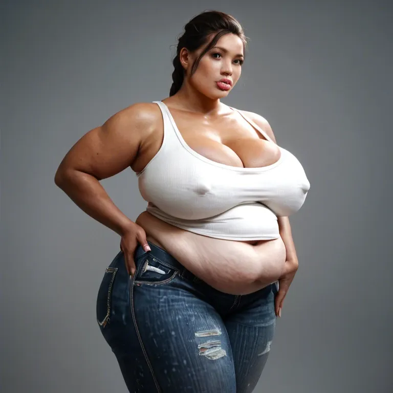 solo female, Chinese alyx vance half-life 2, hyper lips, gigantic lips, cleavage, white tank top, skinny jeans, covered hyper nipples, obese, overweight, weight gain, fat rolls, fat stomach, fat thighs, tan, pink lipstick, thick pink eyeshadow