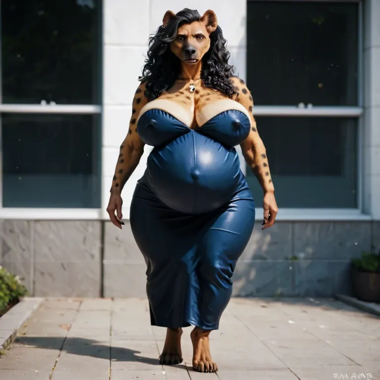 kamala harris as furry hyena, wavy long bown hair, huge sagging boobs, huge covered nipples, thick fat cameltoe, dark blue ceo dress, super pregnant