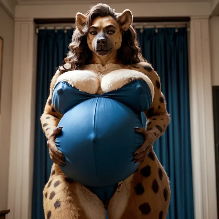 kamala harris as furry hyena, wavy long bown hair, huge sagging boobs, huge covered nipples, thick fat cameltoe, blue tuxedo dress, super pregnant