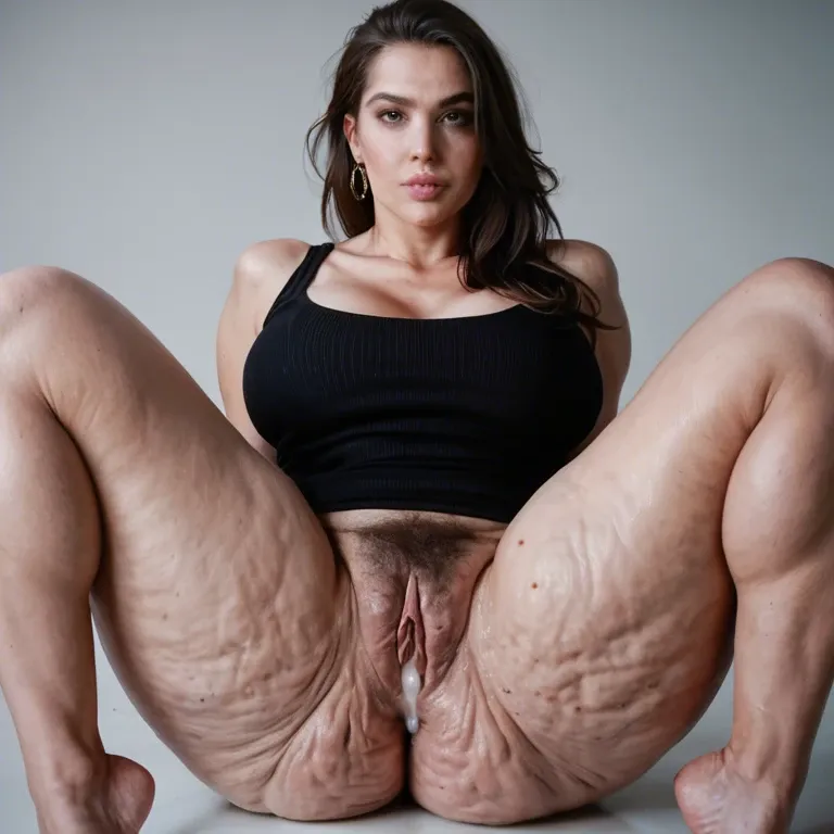 3/4 face, Front view, standing, looking at viewer, Cellulite ass, curvy body, brunette, black background, huge creampie, open legs, hairy pussy, Photorealistic, wide hips, thick thighs, overgrown thighs, outgrown thighs, thin legs, naked, huge ass, fat ass, whole body