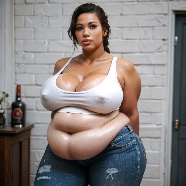 solo female, Chinese alyx vance half-life 2, hyper lips, gigantic lips, cleavage, white tank top, skinny jeans, covered hyper nipples, obese, overweight, weight gain, fat rolls, fat stomach, fat thighs, tan, pink lipstick, thick pink eyeshadow