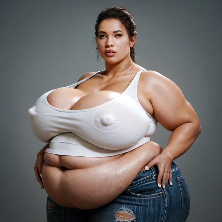 solo female, Chinese alyx vance half-life 2, hyper lips, gigantic lips, cleavage, white tank top, skinny jeans, covered hyper nipples, obese, overweight, weight gain, fat rolls, fat stomach, fat thighs, tan, pink lipstick, thick pink eyeshadow