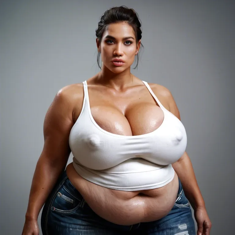 solo female, Chinese alyx vance half-life 2, hyper lips, gigantic lips, cleavage, white tank top, skinny jeans, covered hyper nipples, obese, overweight, weight gain, fat rolls, fat stomach, fat thighs, tan, pink lipstick, thick pink eyeshadow